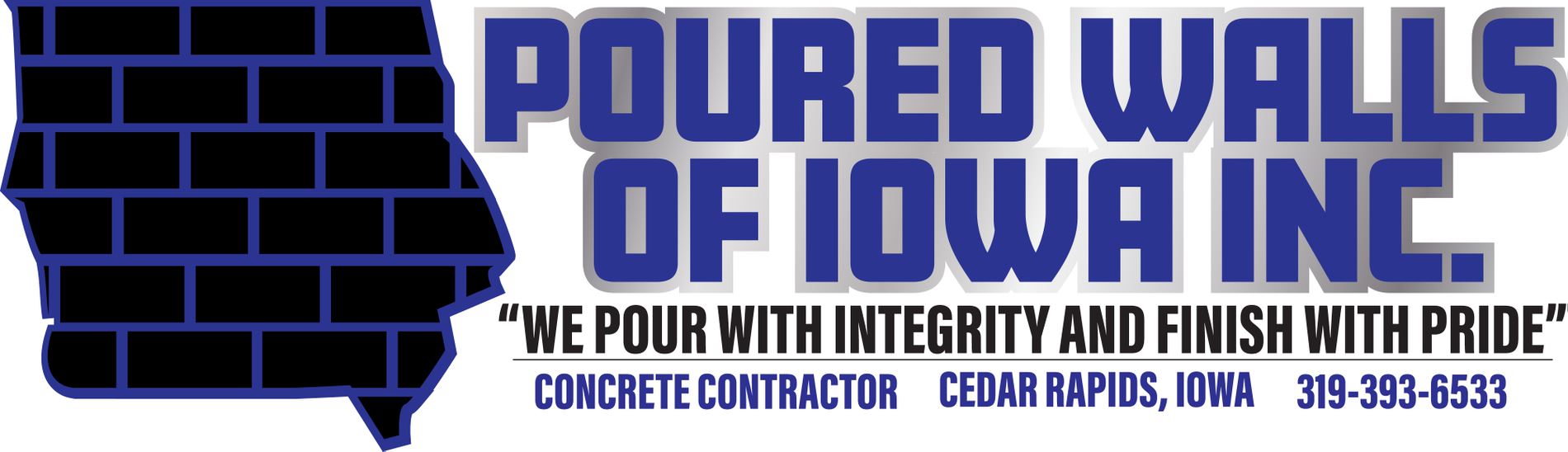 A blue and white logo for poured of iowa.